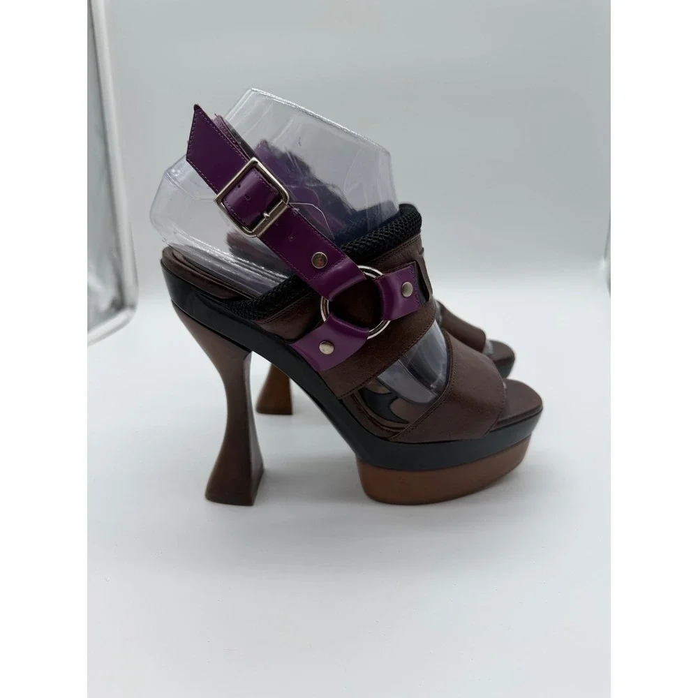 Marni Brown Purple Leather Architectural Platform Sandals Sculptural Heel 6.5